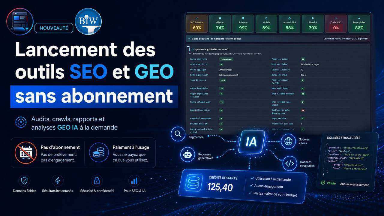 Lancement des outils SEO et GEO IA Audit by BIW sans abonnement.